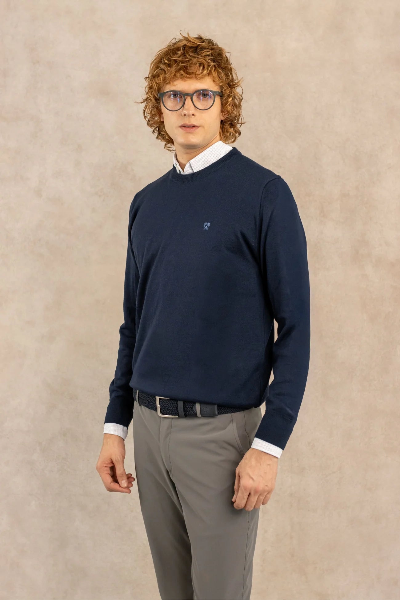 Dark Blue Knit Sweater with Crew Neck