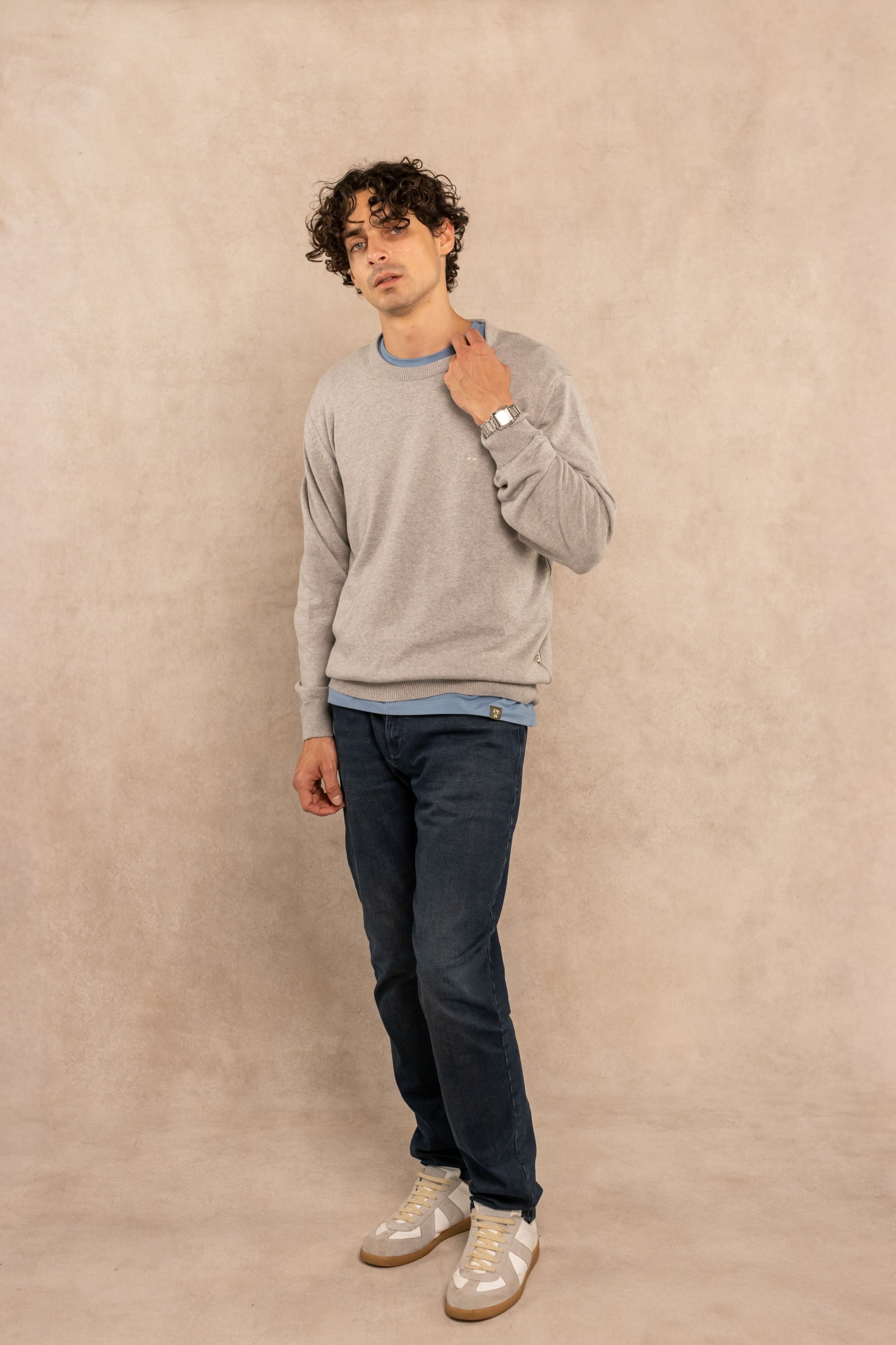 Combed Cotton Crew Neck Sweater – Light Gray