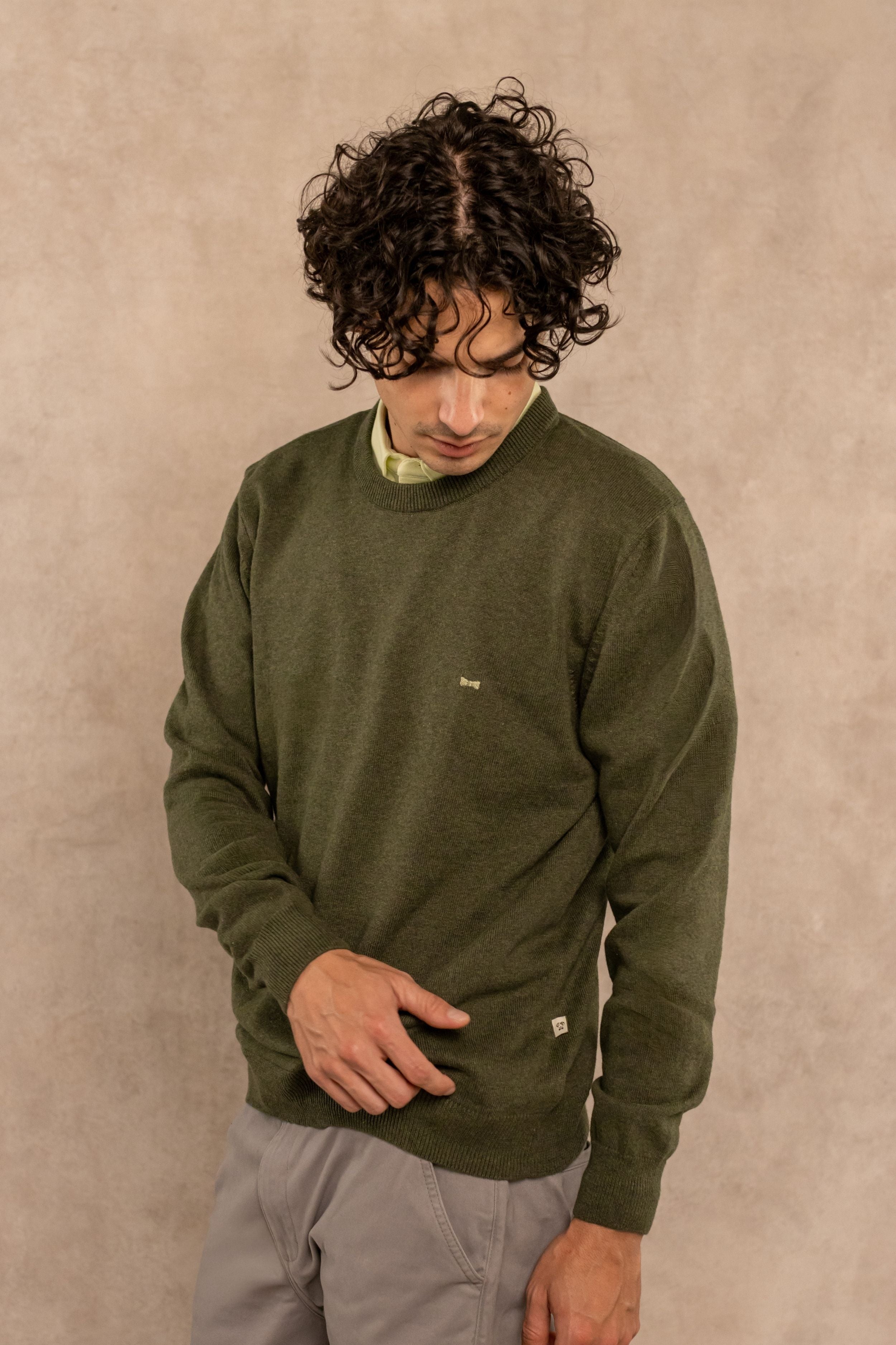 Combed Cotton Crew Neck Sweater – Warm olive