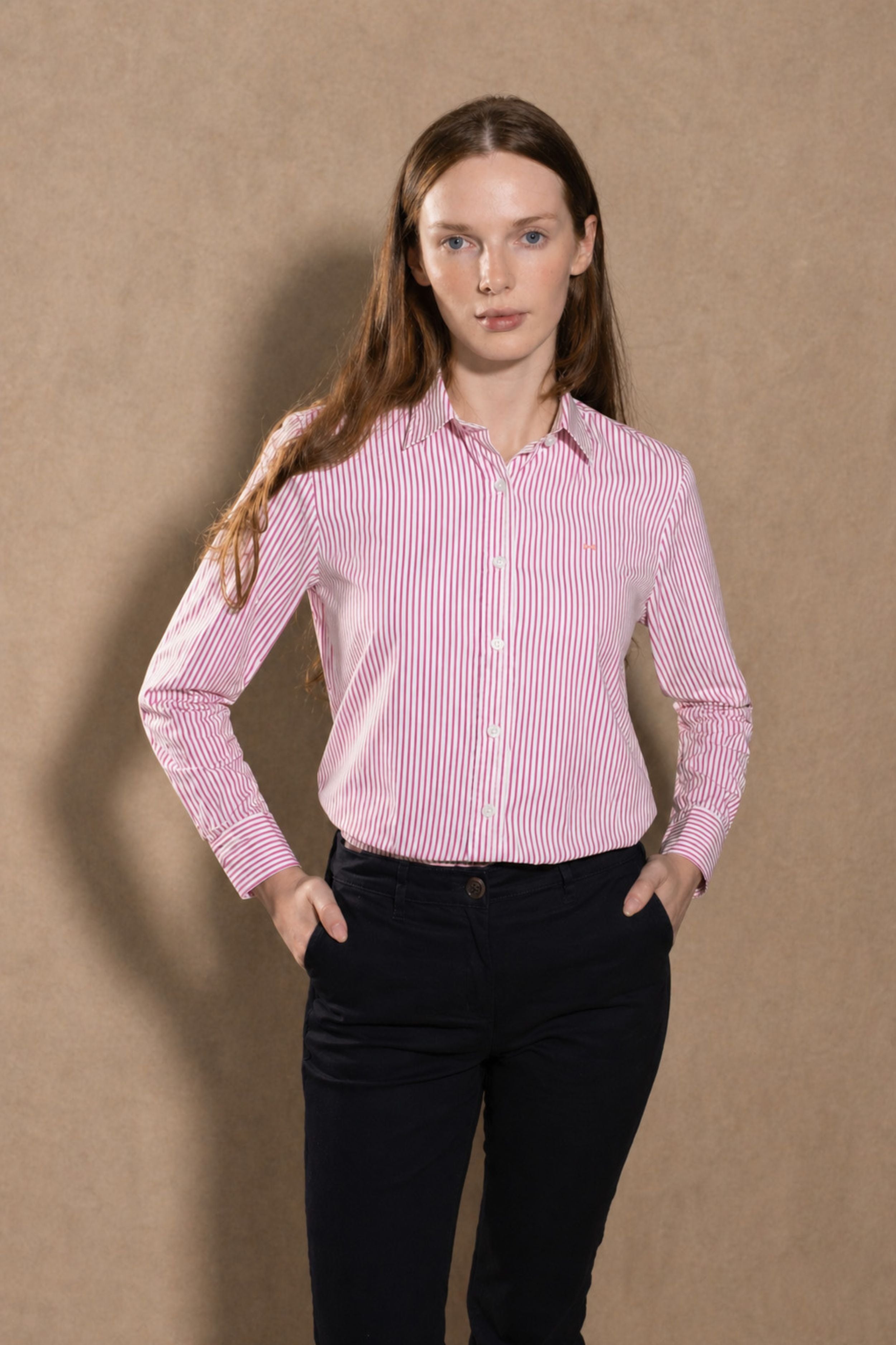 Women’s Stain-Resistant Poplin Shirt Pink Stripes