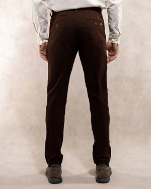 Back view of men's dark brown stretch chino pants by DANTE.