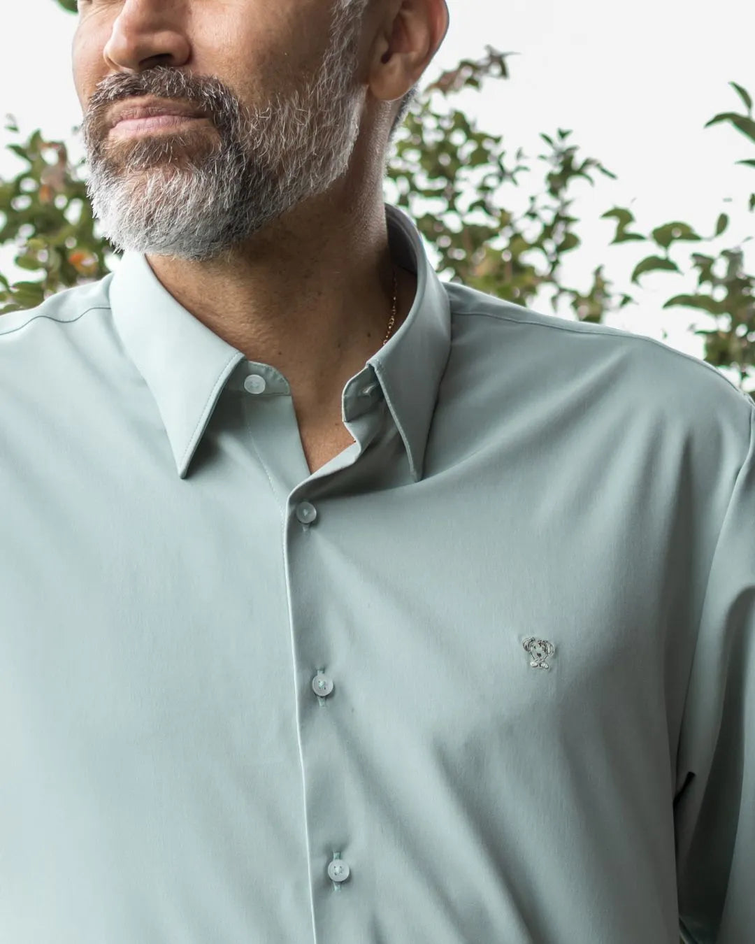 Camisa Performance verde sage antiarrugas para hombre marca DANTE tallaje regular fit foto lifestyle
 close