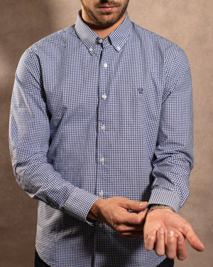 Camisa antimanchas Popelina Cuadros Azul Oscuro Berna para hombre marca DANTE tallaje regular fit foto