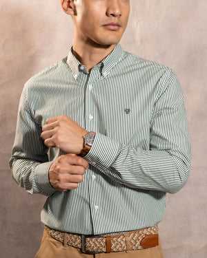 Camisa antimanchas Popelina Rayas Verde Oscuro para hombre marca DANTE tallaje regular fit foto camisa