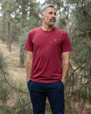 Camiseta Performance Vinotinto antiarrugas para hombre marca DANTE tallaje regular fit foto lifestyle completo