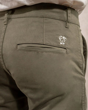 Close-up photo of men's light green -colored stretch chino pants by DANTE.
