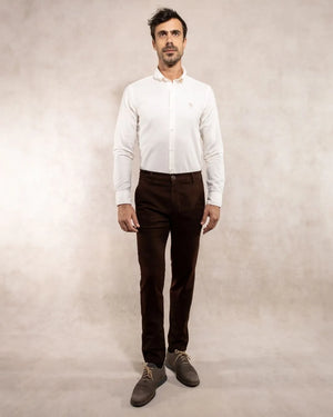 Full-body photo of men's dark brown stretch chino pants by DANTE.