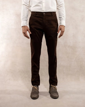 Model photo of men's dark brown stretch chino pants by DANTE