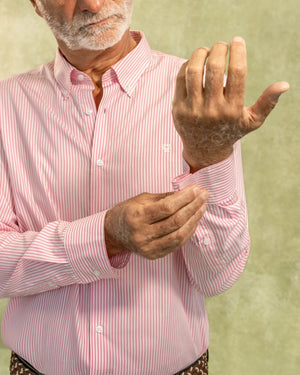 camisa antimanchas popelina rayas rosadas tela algodón popelina rayas color verde claro pagar hombre tallaje regular marca DANTE foto mangas