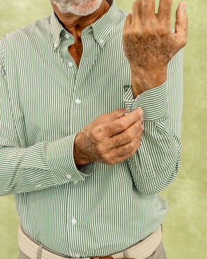 camisa antimanchas popelina rayas verde tela algodón popelina rayas color verde claro pagar hombre tallaje regular marca DANTE foto manga