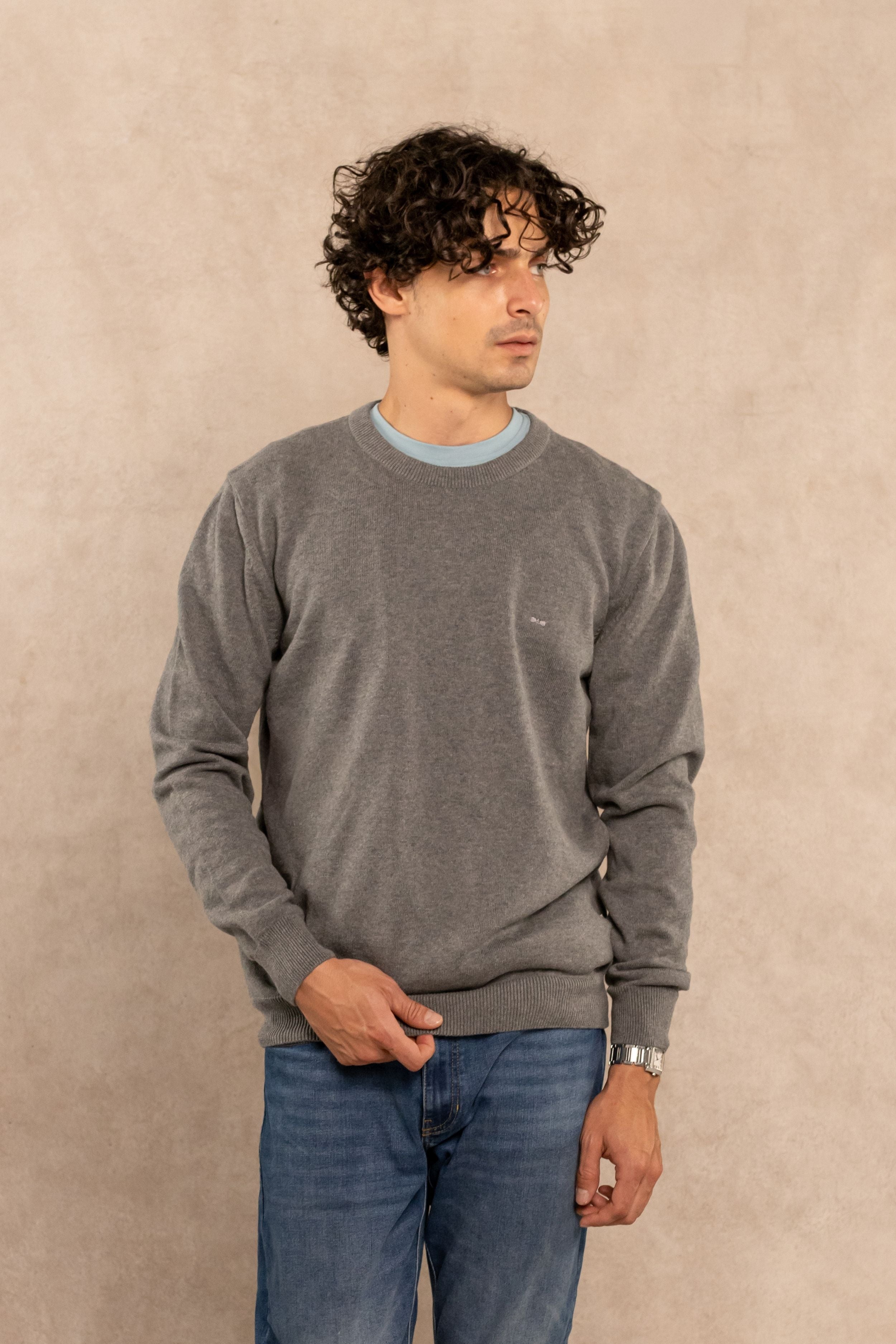 Combed Cotton Crew Neck Sweater – Medium Gray