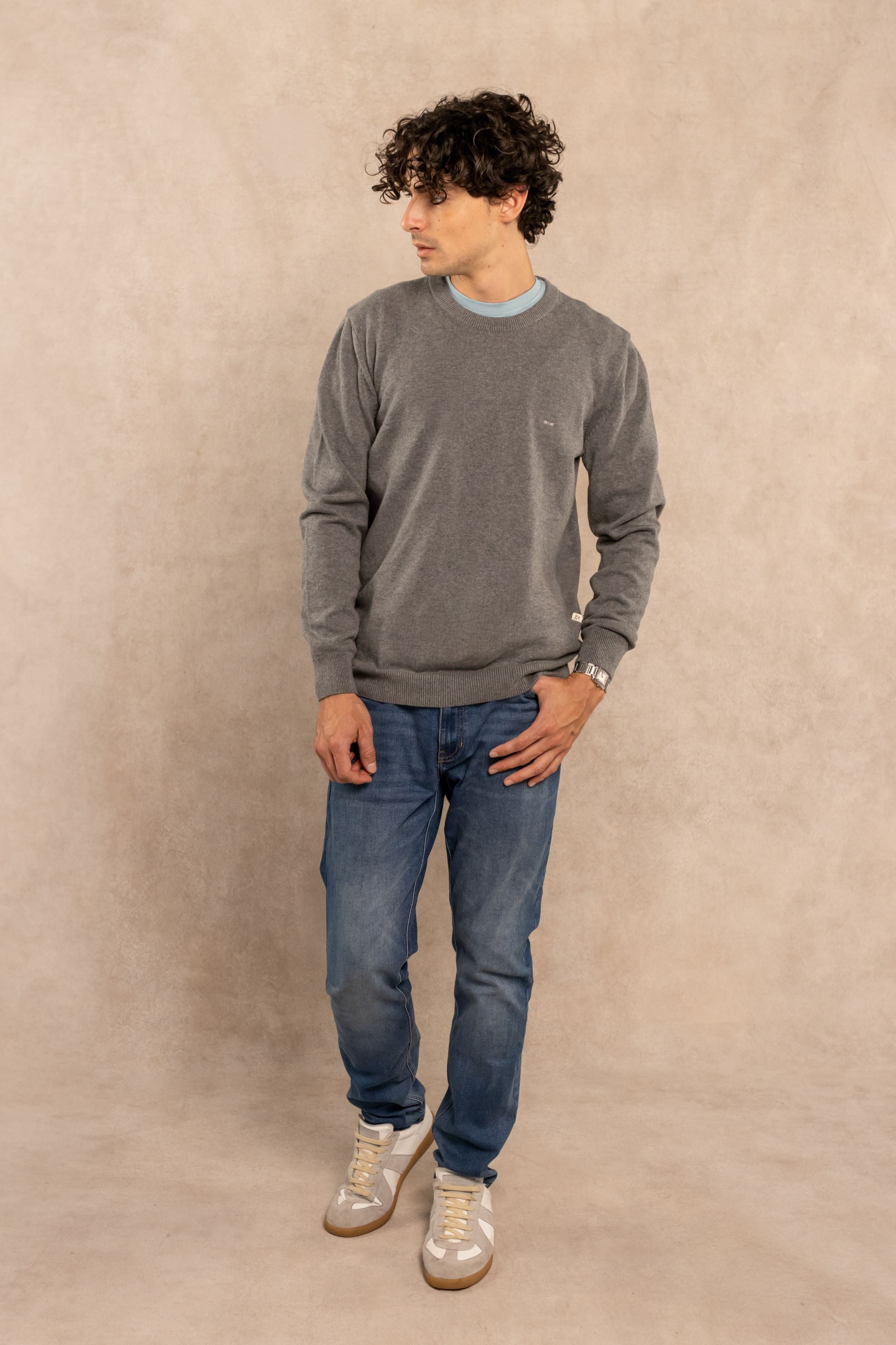 Combed Cotton Crew Neck Sweater – Medium Gray