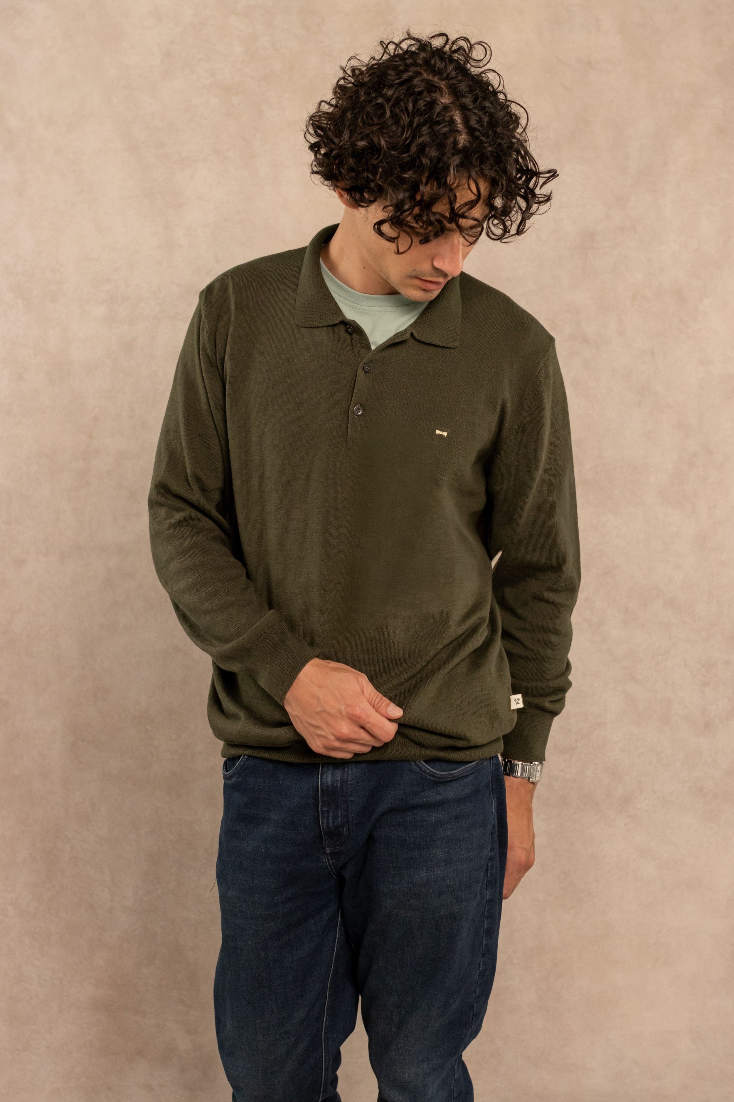 Military Green Long-Sleeve Polo Shirt