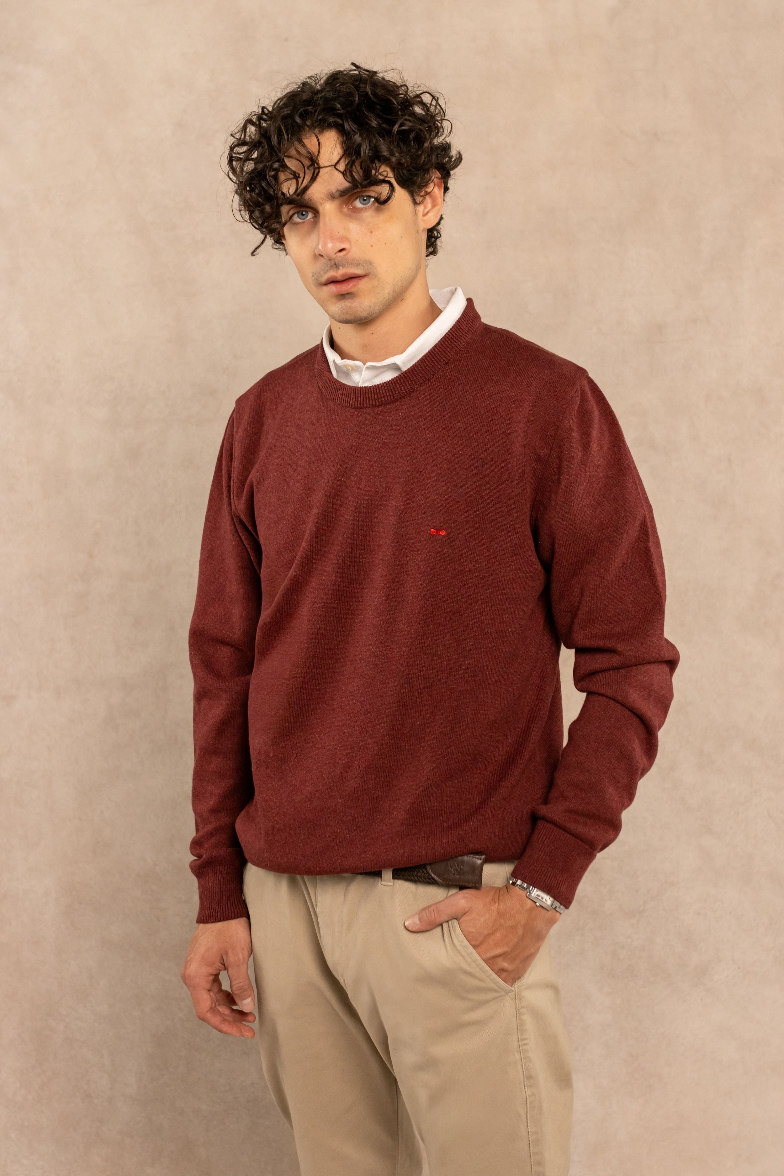 Combed Cotton Crew Neck Sweater –  Vintage Wine