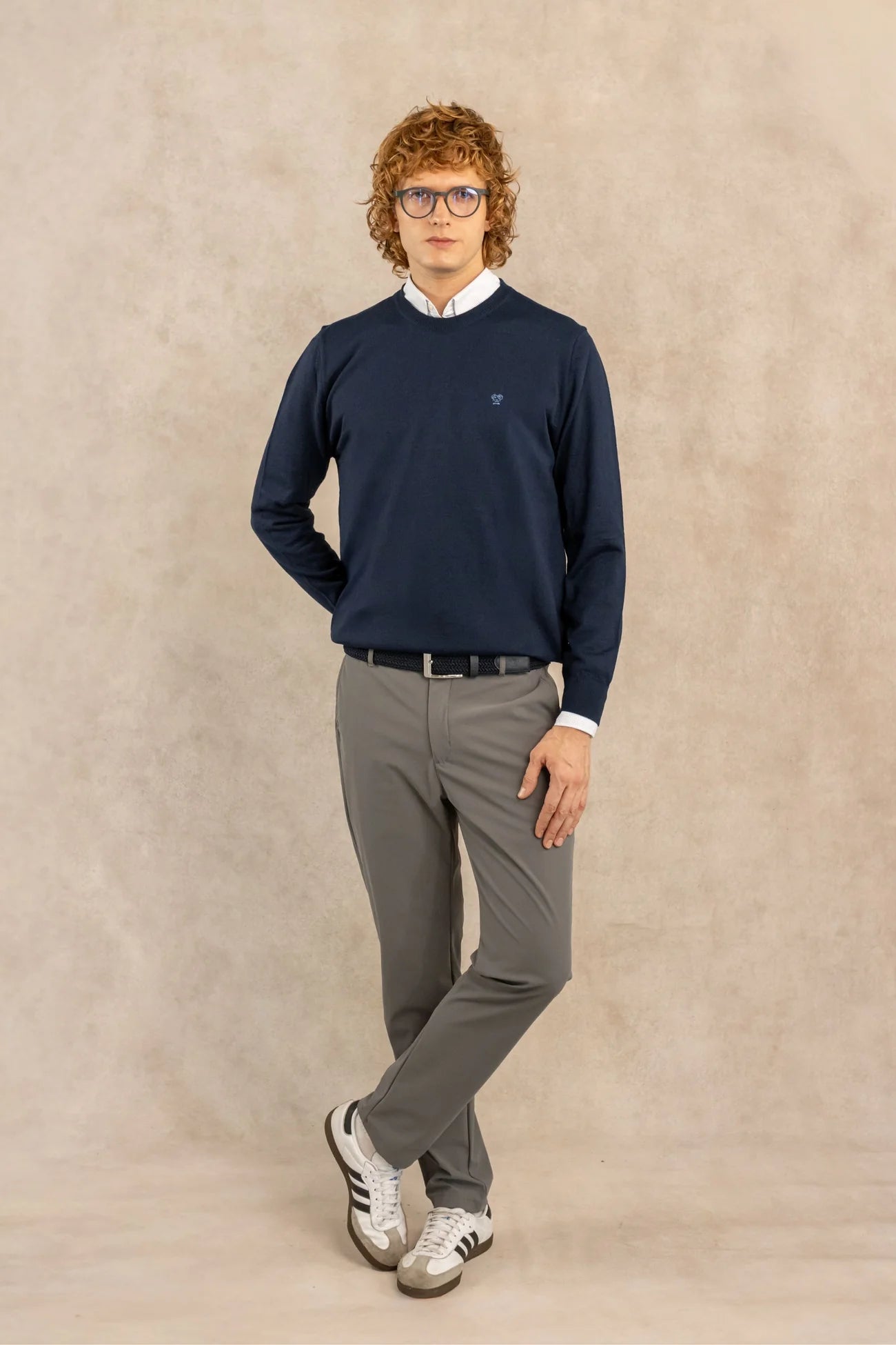 Dark Blue Knit Sweater with Crew Neck