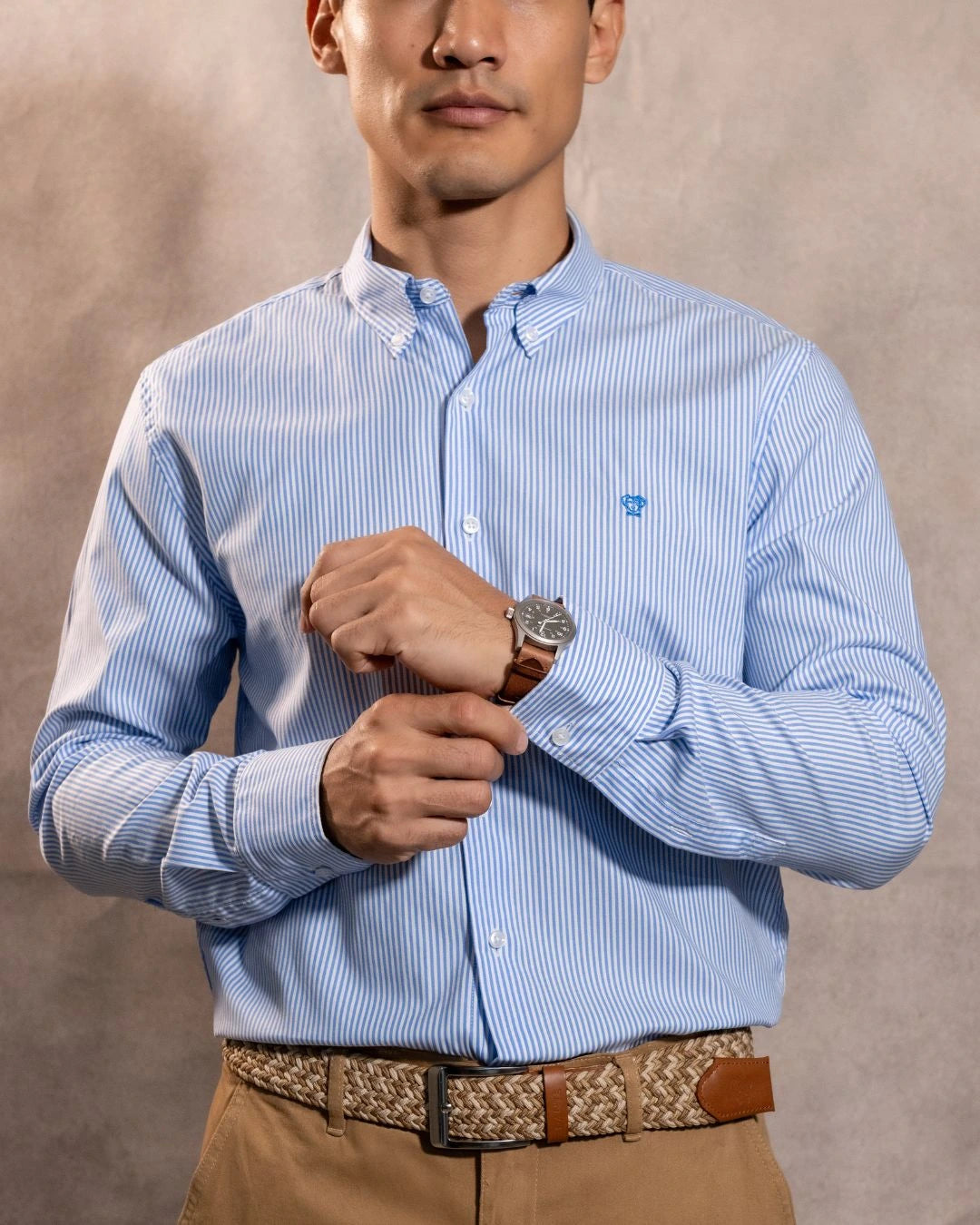 Camisa antimanchas Oxford Yale logo azul marca DANTE para hombre regular fit foto  camisa