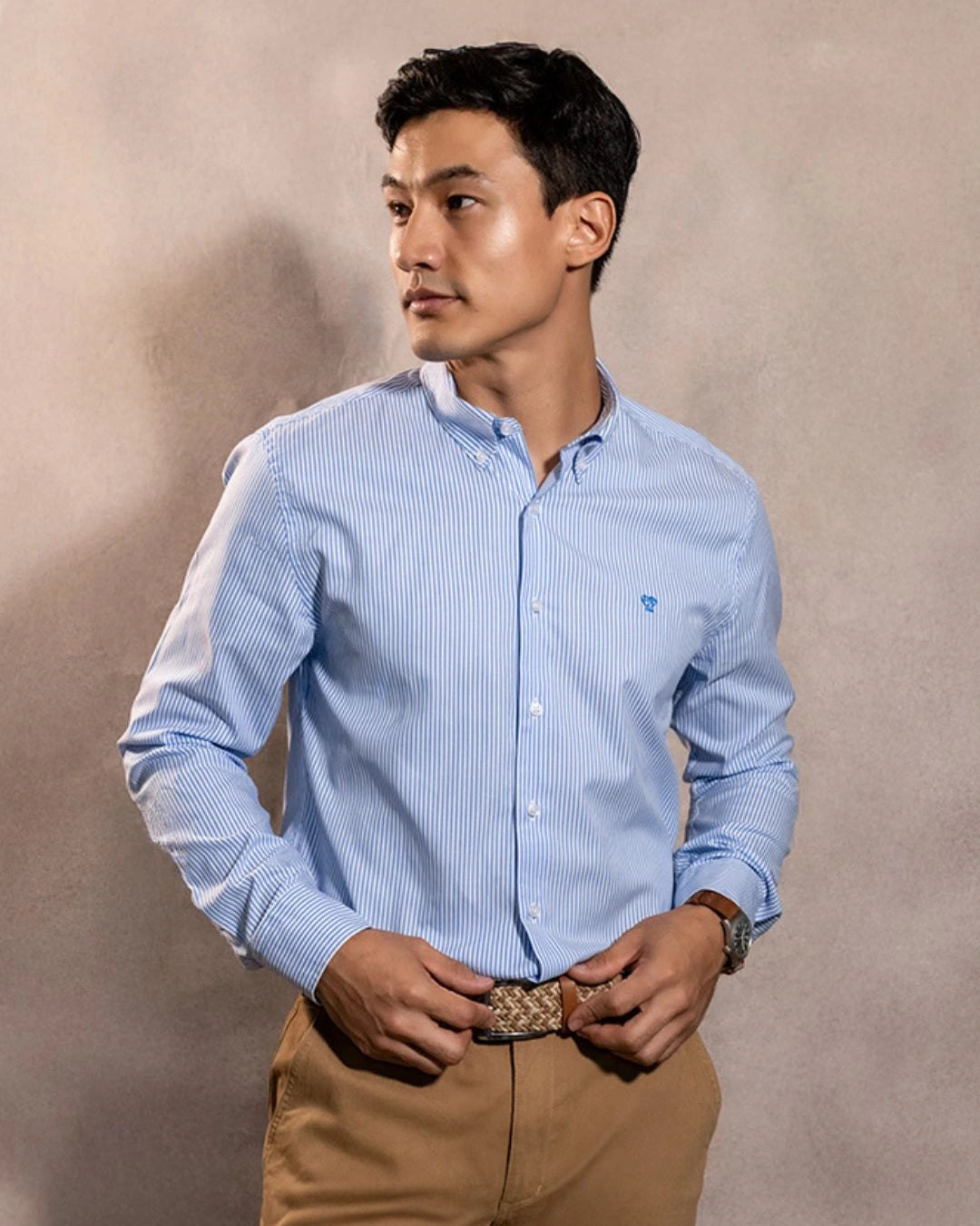 Camisa antimanchas Oxford Yale logo azul marca DANTE para hombre regular fit foto  modelo2