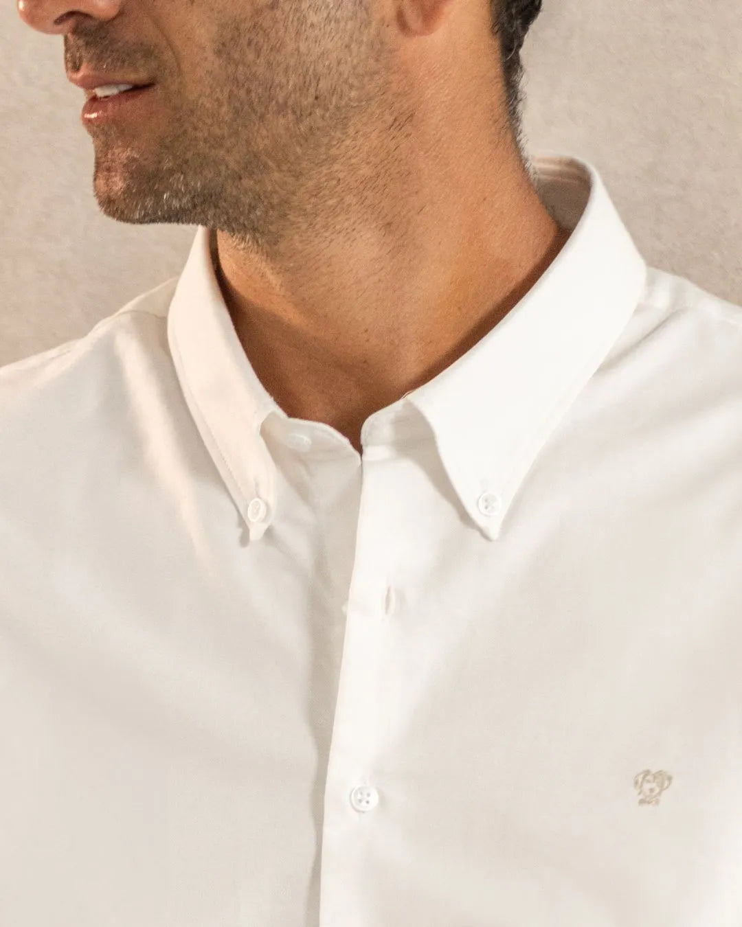 Camisa antimanchas Oxford blanca logo beige marca DANTE para hombre regular fit foto logo