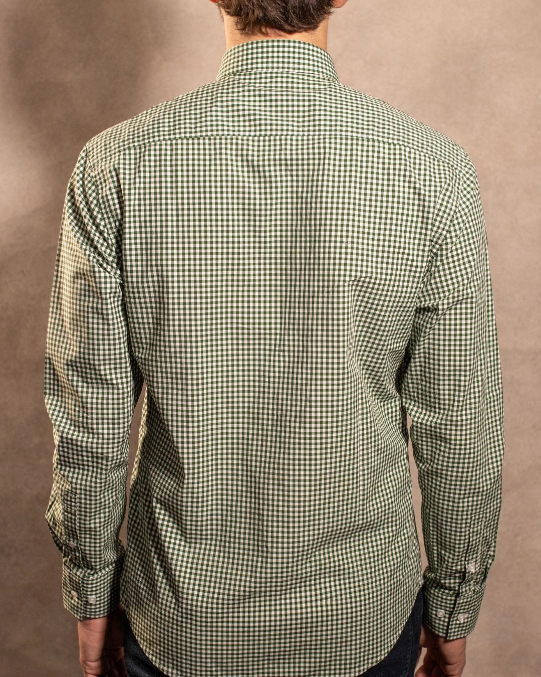 Camisa antimanchas Popelina Cuadros Verde Oscuro Lugano para hombre marca DANTE tallaje regular fit foto espaldas 