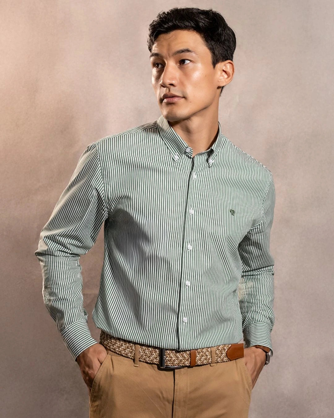Camisa antimanchas Popelina Rayas Verde Oscuro para hombre marca DANTE tallaje regular fit foto modelo2