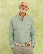 camisa antimanchas popelina rayas verde tela algodón popelina rayas color verde claro pagar hombre tallaje regular marca DANTE  foto modelo
