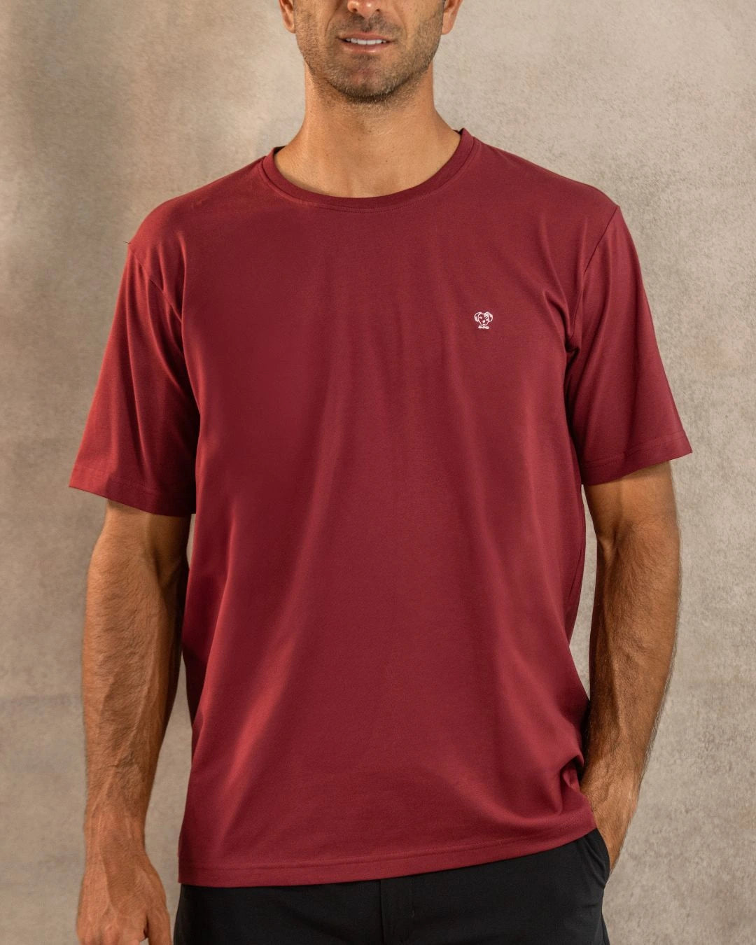 Camiseta Performance Vinotinto antiarrugas para hombre marca DANTE tallaje regular fit foto modelo