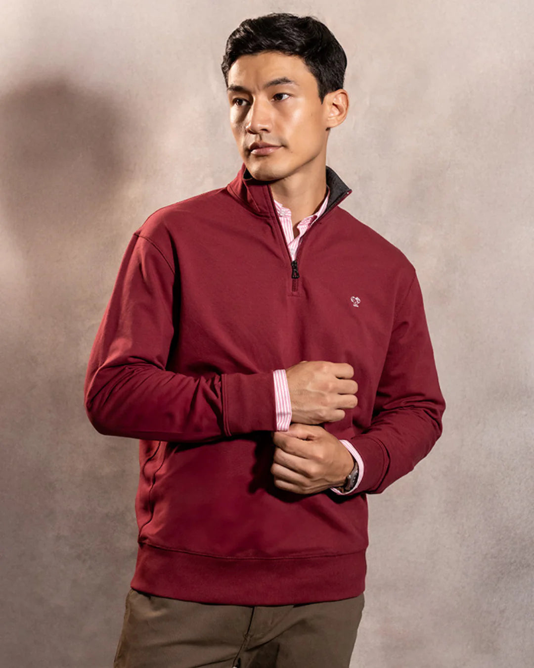 Halfzip Antimanchas Vinotinto  para hombre marca DANTE tallaje regular fit foto modelo 2