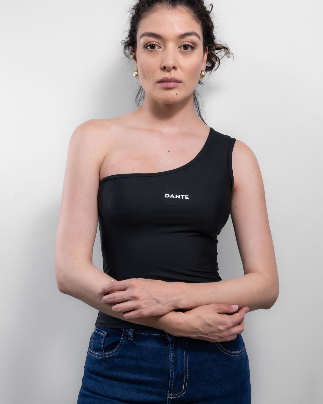 Black Stain Resistant Top One Shoulder - Slim Fit