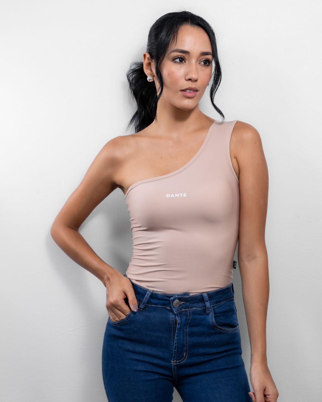Beige Stain Resistant Top One Shoulder - Slim Fit