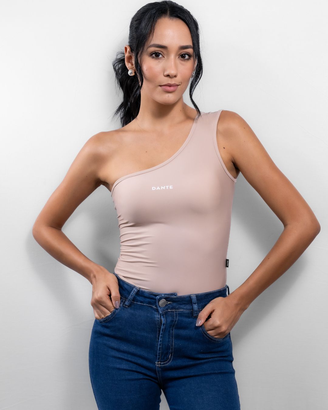 Beige Stain Resistant Top One Shoulder - Slim Fit