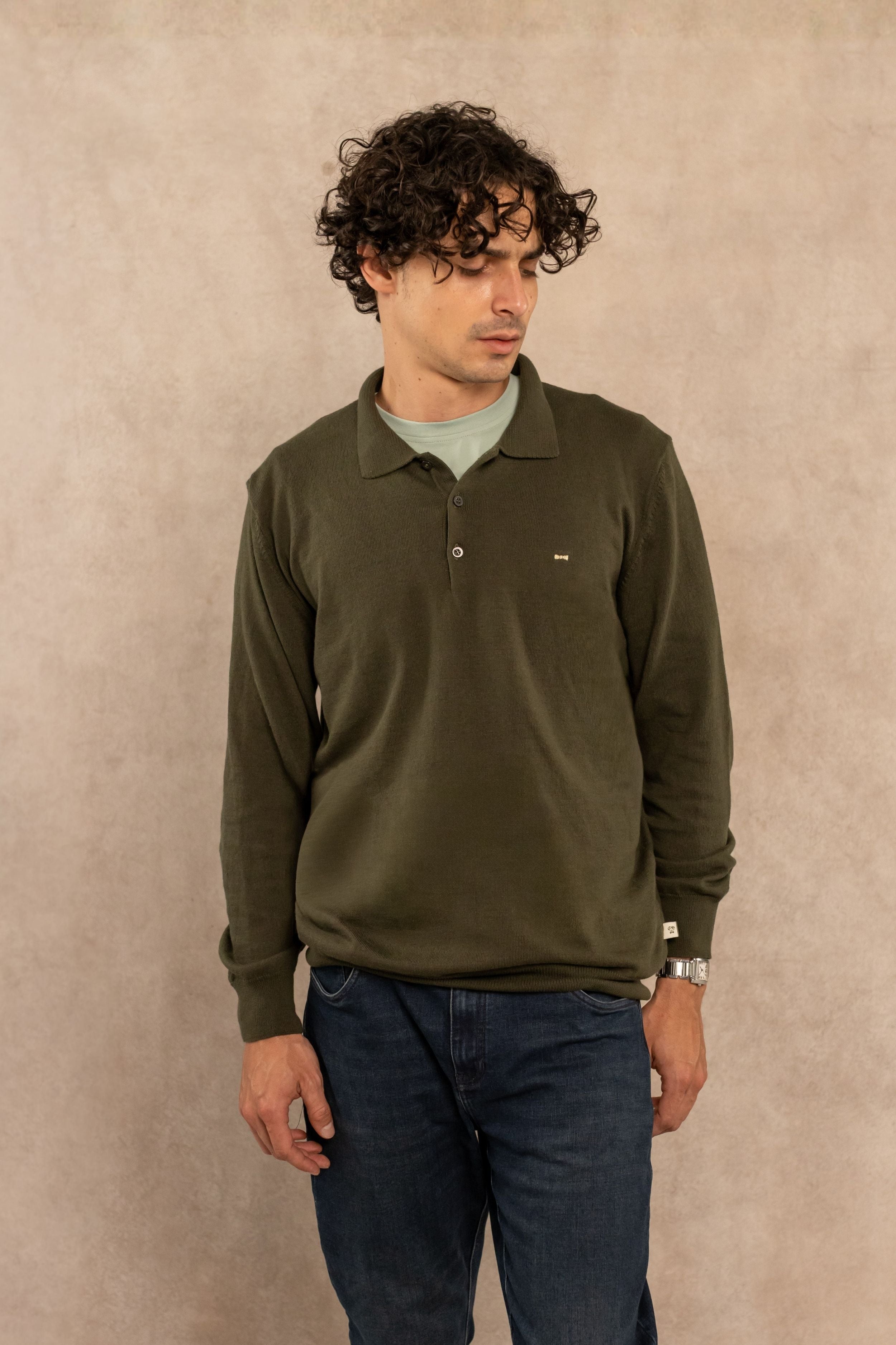 Military Green Long-Sleeve Polo Shirt